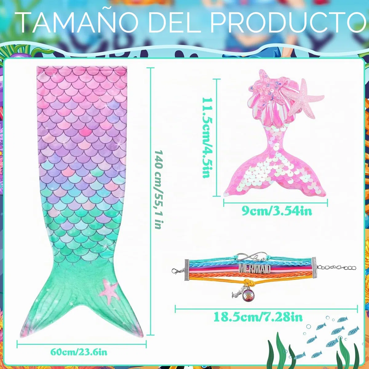 Manta de Cola de Sirena, Manta Cola de Sirena, con Pulsera de Horquilla de Lentejuelas, Franela Saco de Dormir de Sirena para Niños Niñas, Regalo de Cumpleaños 140 x 60cm