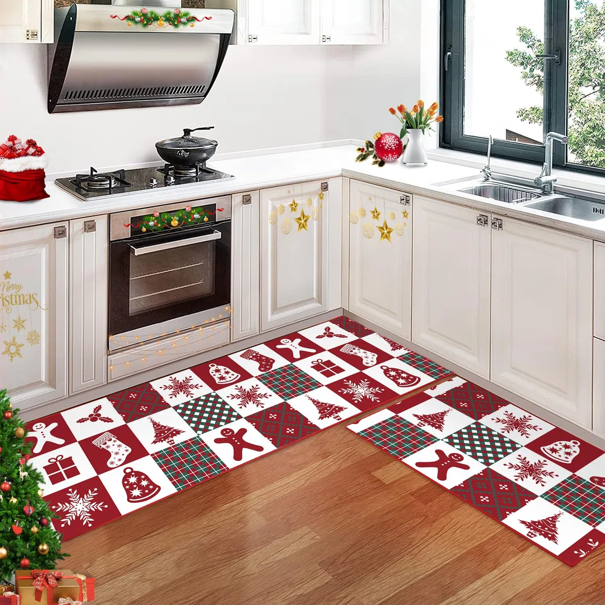 CAROMIO Tapete de cocina de Navidad, lavable, antideslizante, decorativo, antideslizante, para fregadero de lavandería, 40 x 60 + 40 x 120 cm