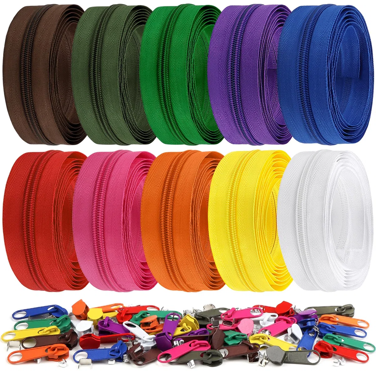 22 yardas/ 20 m 10 piezas de colores surtidos #5 Cremalleras de bobina de nailon, cremalleras de costura con cierres sin fin con 40 piezas de deslizadores de cremallera y cabezas de cremallera