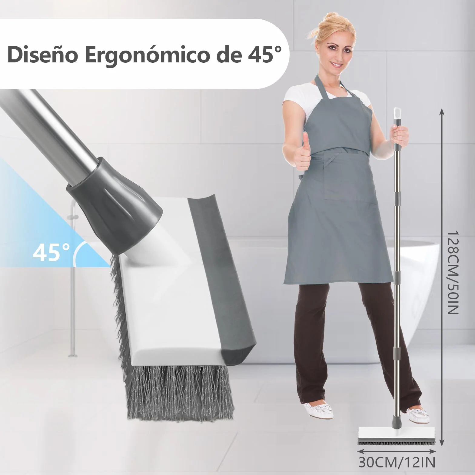 Mitclear Cepillo de Limpieza de Suelo con Mango Largo(128cm), 2-en-1 Escobilla de Cerdas Rígidas con Escobilla de Goma para Limpiar Azulejos, Pavimento in Legno, Cocina, Baño, Terraza, Patio, Garaje