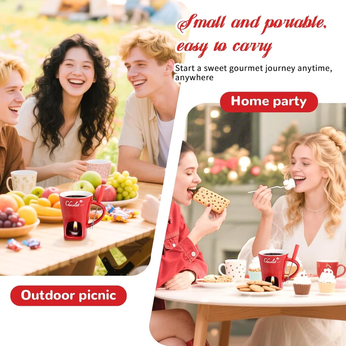 Genérico Taza para Fondue de Chocolate con Tenedores, Taza para Derretir Chocolate para Chocolate, Queso y Postres. Regalo Ideal para Citas Nocturnas, Cumpleaños, Aniversarios y Bodas (Rojo)