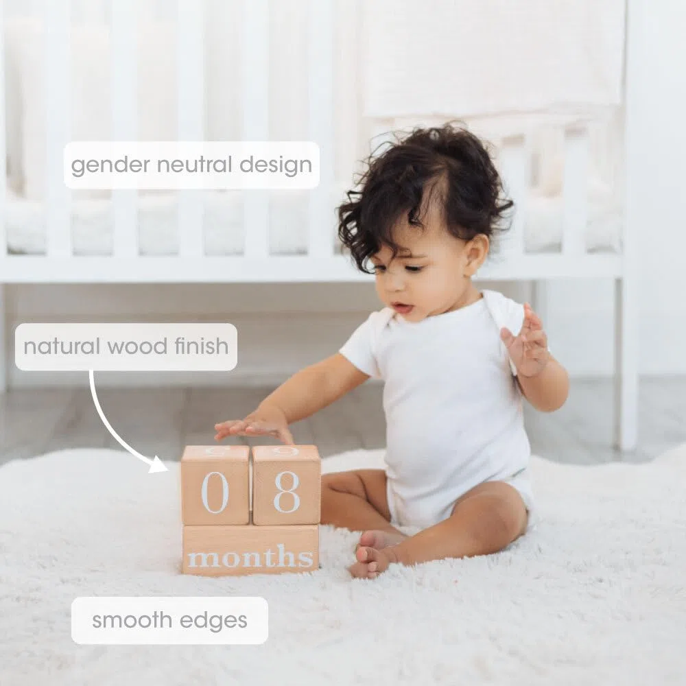 Pearhead Bloques de madera para bebés de edad milenaria, soporte para fotos para recién nacidos, niños y niñeros, calendario de cuenta regresiva para niños, semanas, meses y años, bloques de números