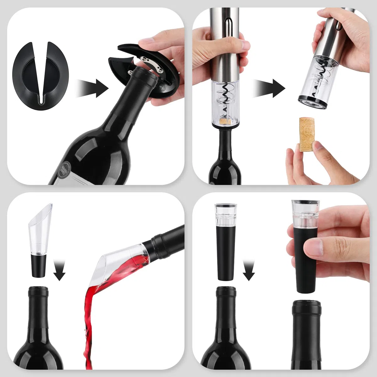 Cieex Set Sacacorchos Eléctrico Juego de Regalo con Abridor de Vino de Acero Inoxidable Cortacapsulas Botella, Vertedor de Vino, Tapón de Vino de Vacío para Amantes del Vino (Recargable)