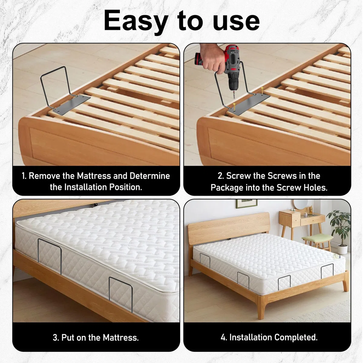 4 soportes para colchón antideslizamiento: soporte para colchón para marco de cama con cinta adhesiva de doble cara y tornillos, soporte para colchones, tope antideslizante para marco de cama