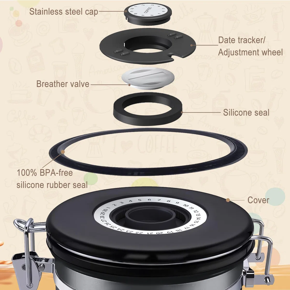 Bote para Café,1.8L Tarro de café hermético,contenedor de café de Acero Inoxidable,Caja de Almacenamiento de Alimentos,con Válvula de CO2 y cuchara,para cafe grano o cafe molido,Gris
