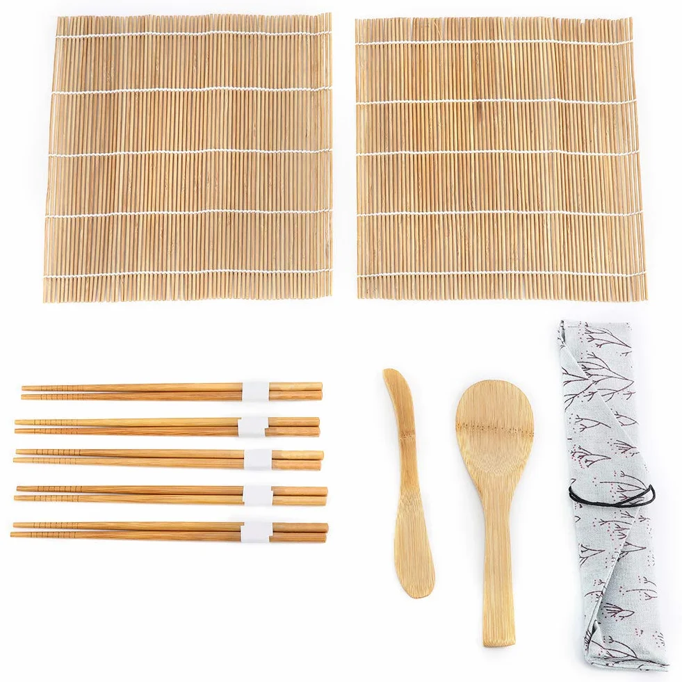 Atyhao 9 Piezas/Set Kit de Fabricación de Sushi de Bambú Incluye 2 Esteras 5 Palillos 1 Paleta 1 Cuchilla de Sushi