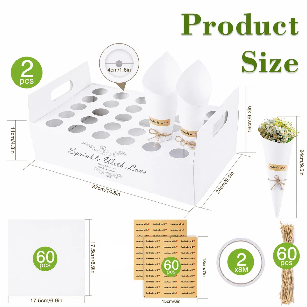 60 Conos Arroz Boda Blancos con 2 Soportes, Cucuruchos de Papel para Pétalos y Confeti, Kit de Conos Boda DIY con Pegatinas y Cuerda para Decoración, Comunión, Mesa Dulce