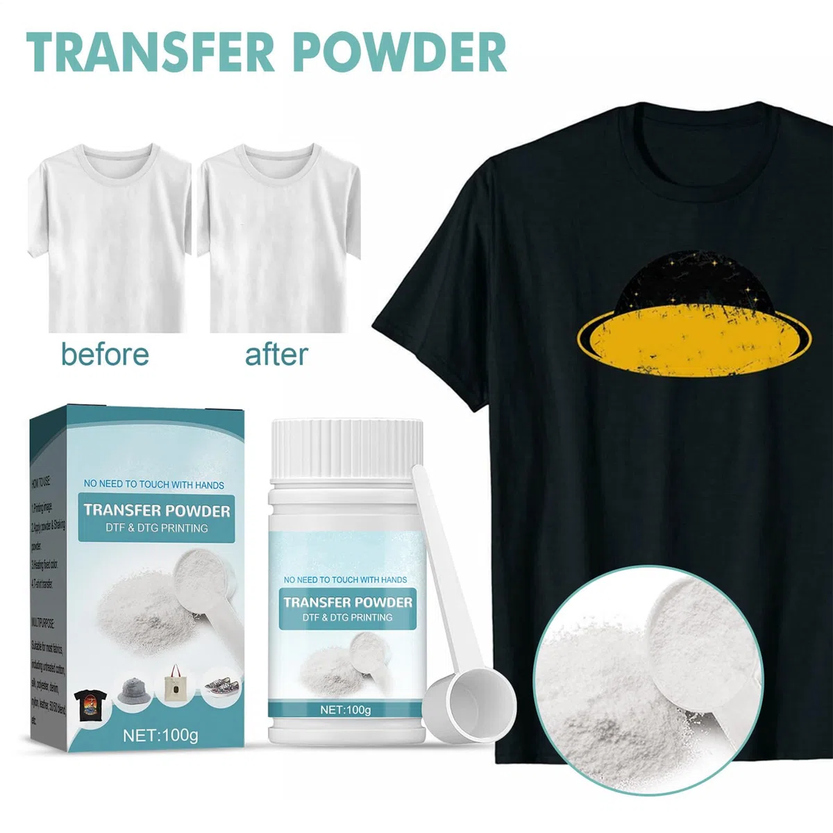 DTF Polvo Blanco Digital Transferencia Hot Melt Adhesive, DTF PreTreat Transferencia Polvo Para Prendas Negras u Oscuras, DTF Hot Melt Adhesive Powder Para Todas Las Impresoras DTF y DTG, 100 G/3.5 Oz