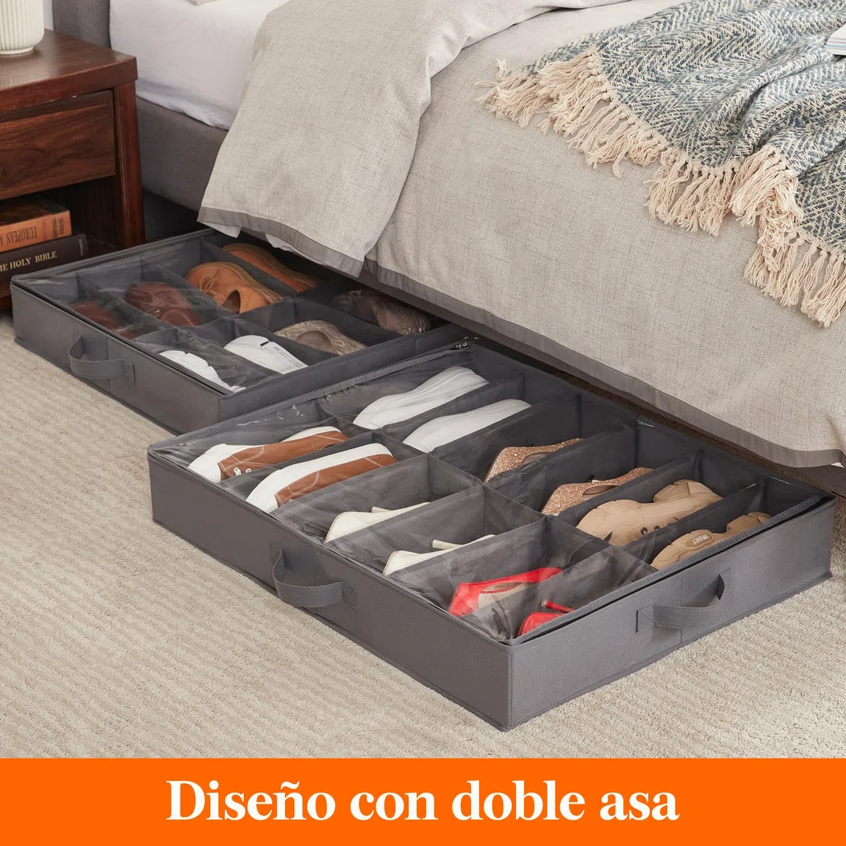 Lifewit Bolsas de Almacenamiento para Zapatos con Ventana Transparente, Cajas Almacenaje Zapatos Plegables Debajo de la Cama con Asas, Organizador Zapatos, Gris, 1 x 12 + 4 Pares