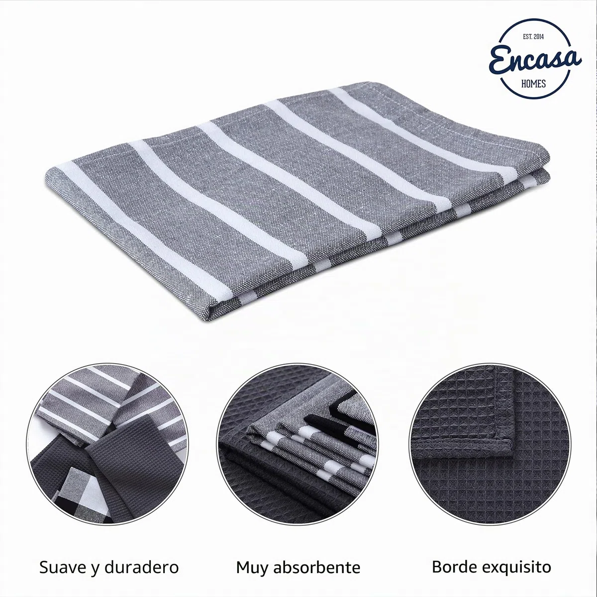Encasa XO Paños y paños de cocina de algodón Encasa XO Gris | Toalla de té de tejido plano y tipo gofre | Juego de paños de cocina | 70x45 cm | Reutilizable y de secado rápido Juego de 5