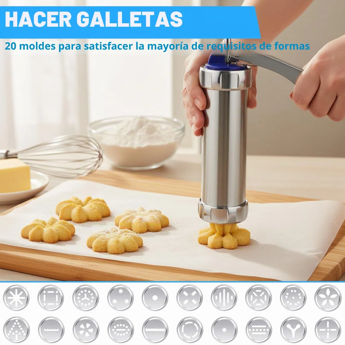 Churreras para Churros y Porras, Churrro Gun Kit con 20 Moldes de Disco y 8 Boquillas Prensa, Prensa Pastelera de Acero Inoxidable, Biscuit Maker, para DIY Elaboración de Galletas de Pasteles