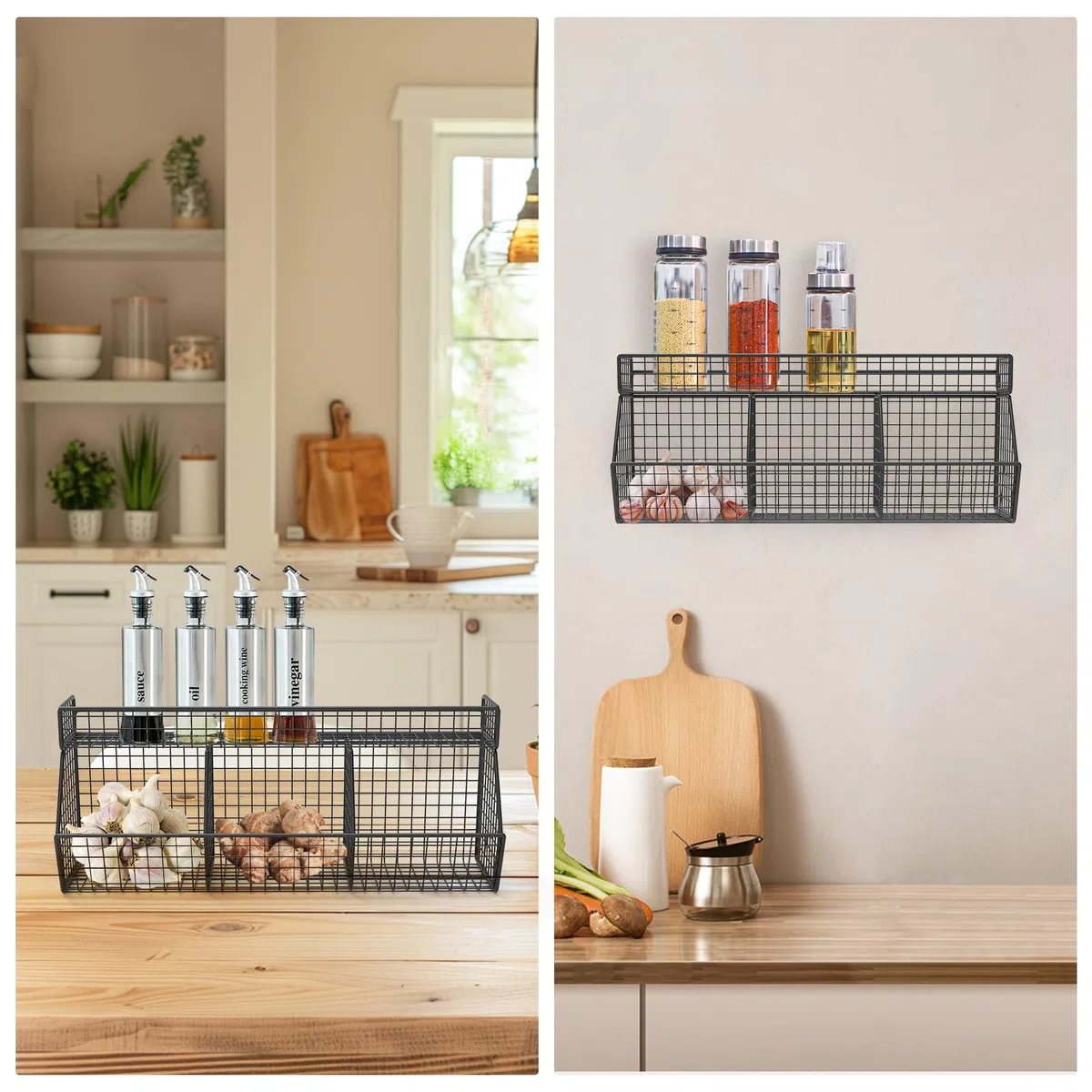 Cestas de almacenamiento de cocina colgantes para pared, cesta de frutas colgante, estante de encimera de cocina de 3 rejillas, cestas de almacenamiento montadas en la pared para verduras