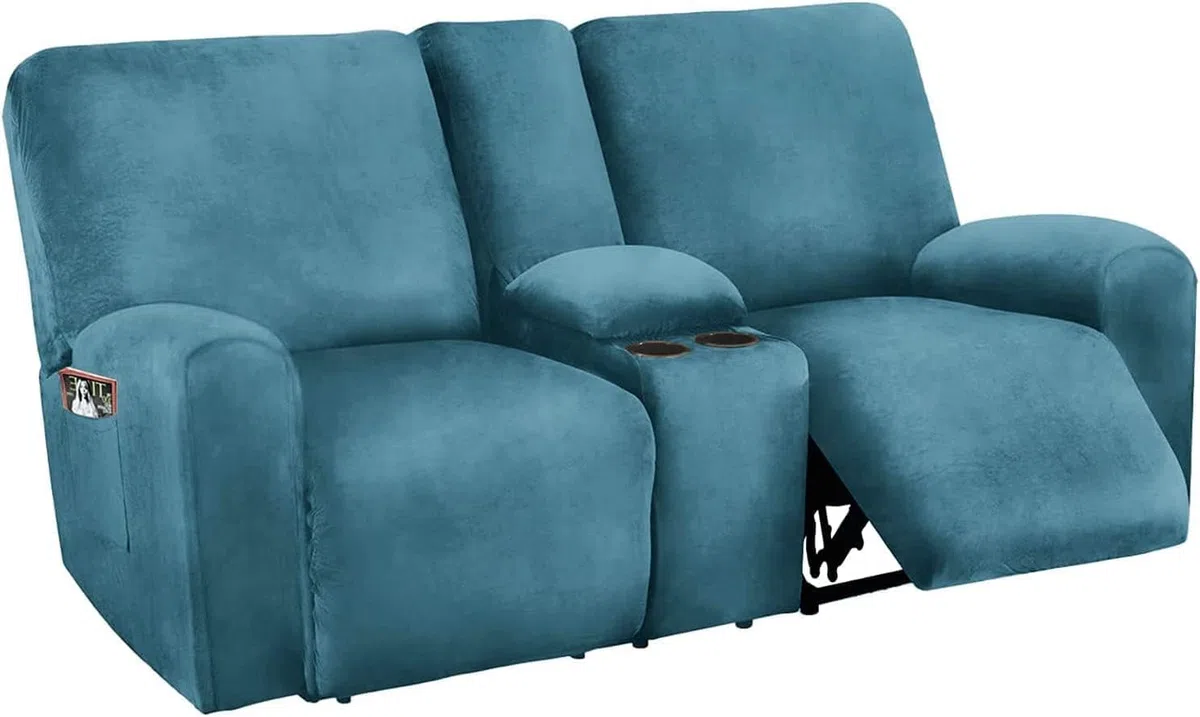 Fundas reclinables de Terciopelo elástico, Fundas Suaves para sofá reclinable con Consola Central, Funda Antideslizante para sofá reclinable de 2 plazas, Azul Pavo Real