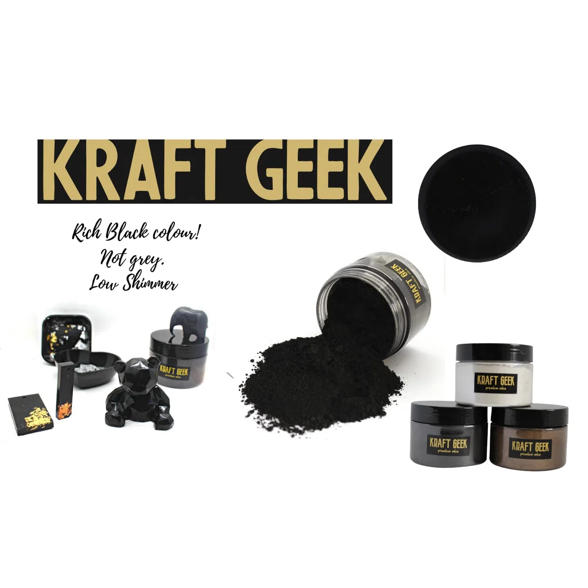 KRAFT GEEK Polvo de Mica Premium Negro Azabache 50g. Tinte en polvo para pigmentos de resina epoxi, colorantes de jabón natural, velas, limo, bombas de baño, maquillaje, uñas, telas, tintes para telas