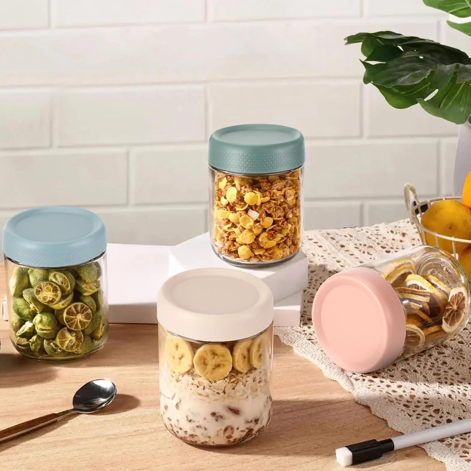 Zikenis Overnight Oats - Juego de 4 tarros para conservas (500 ml, con tapa de rosca, para mermelada casera, chutney, yogur, pudín, como cajas de preparación de comida de Mason