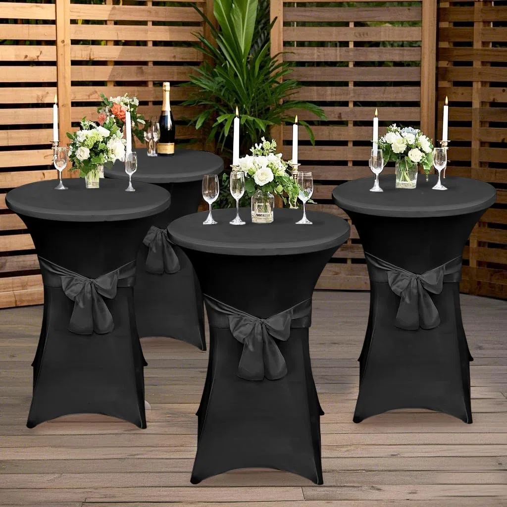 Alishomtll Juego de 3 fundas elásticas para mesa alta con lazo, diámetro de 60 cm, elegantes fundas elásticas para mesa de bistró, mesas altas, banquetes o bodas (diámetro 60 x 110 cm, negro)