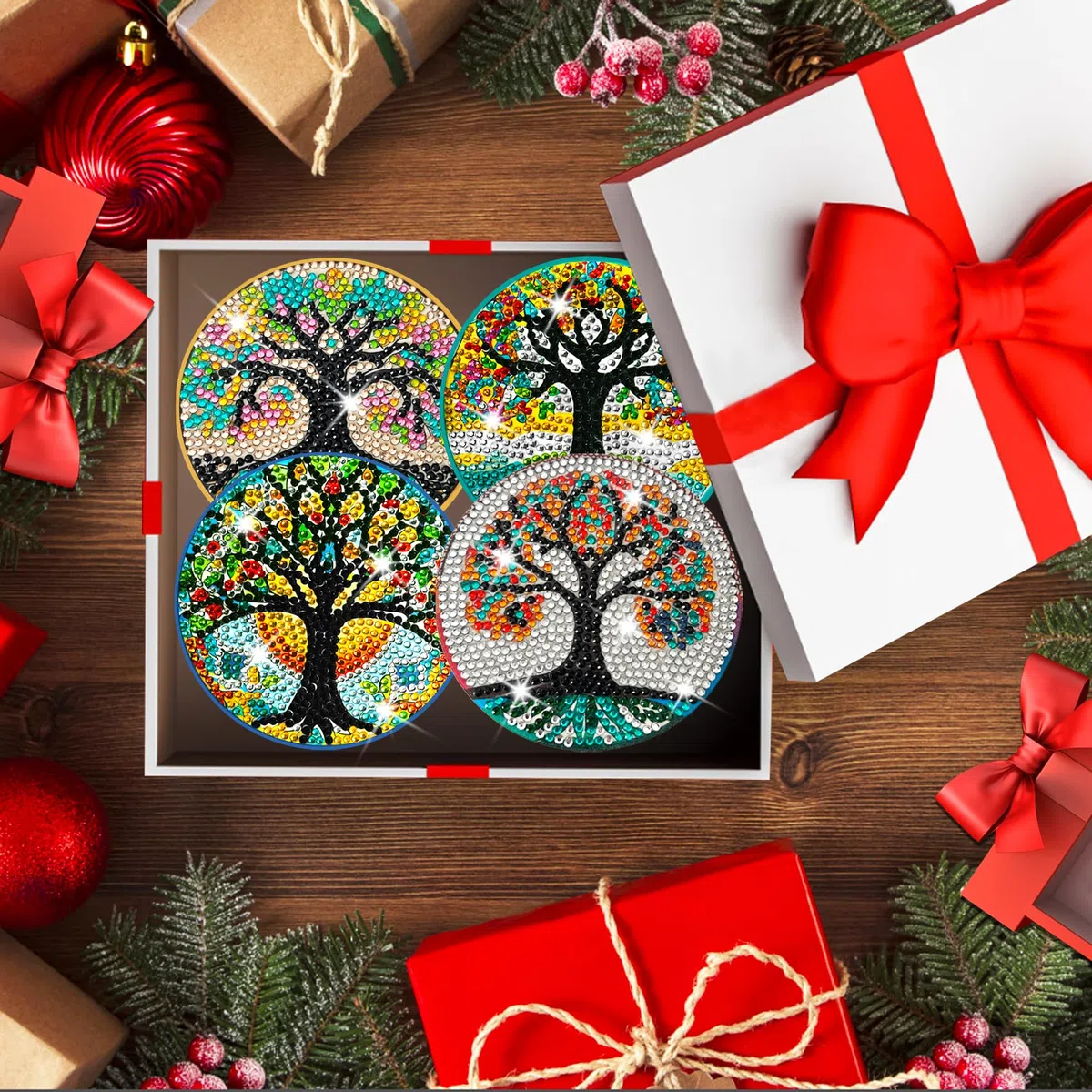 Posavasos de Arbol de la Vida Pintura de Diamantes,8 Piezas DIY Mandala Arte de Manualidades con Soporte,Posavasos para Bebidas,Café y Té de Bar,Kits de Principiantes Adultos Niños