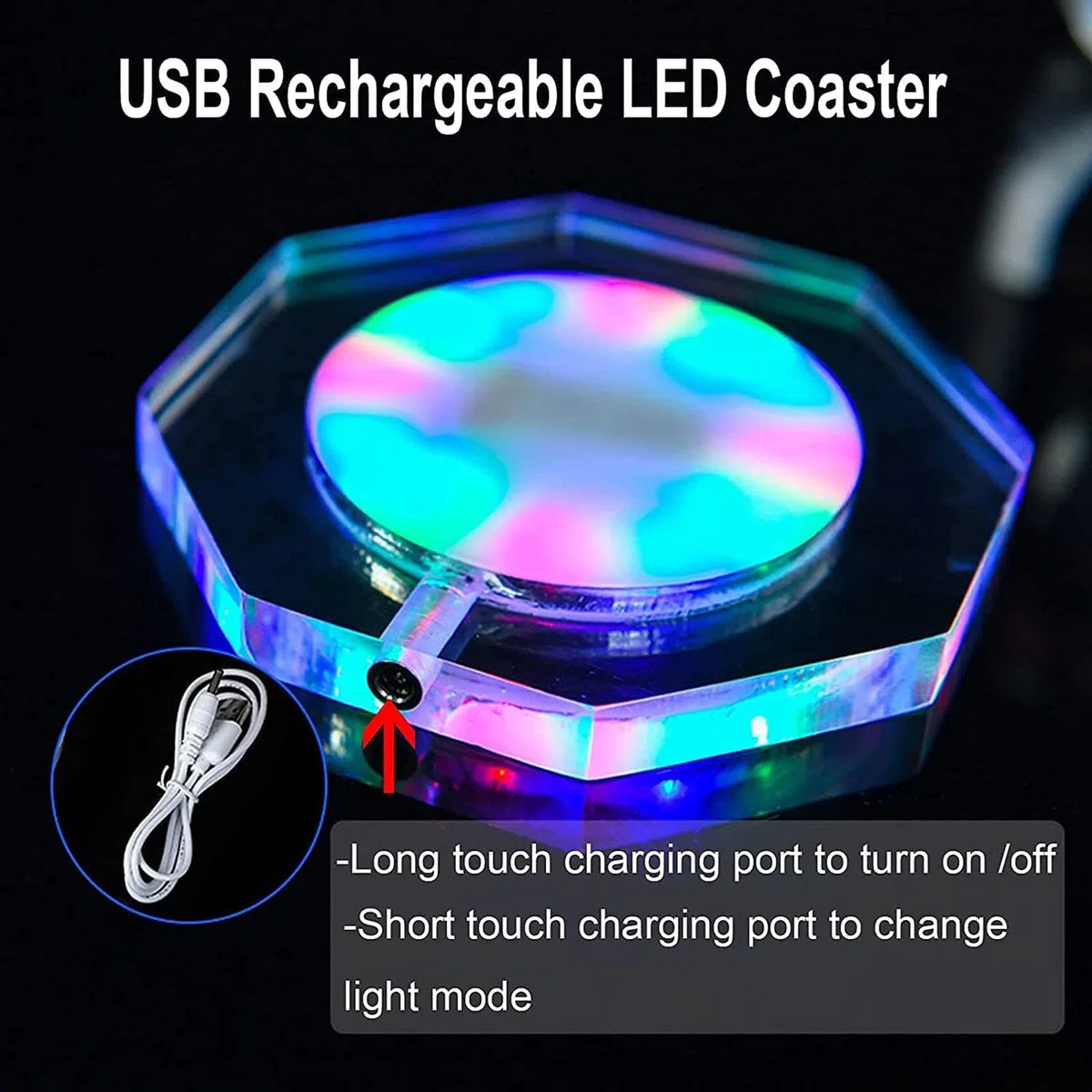 Posavasos LED Recargables con luz para Bebidas, 3 Modos de iluminación, portavasos para Cerveza, cócteles y Vino, Fiestas, Bodas, Bares y Discotecas. (Blanco, Circular)