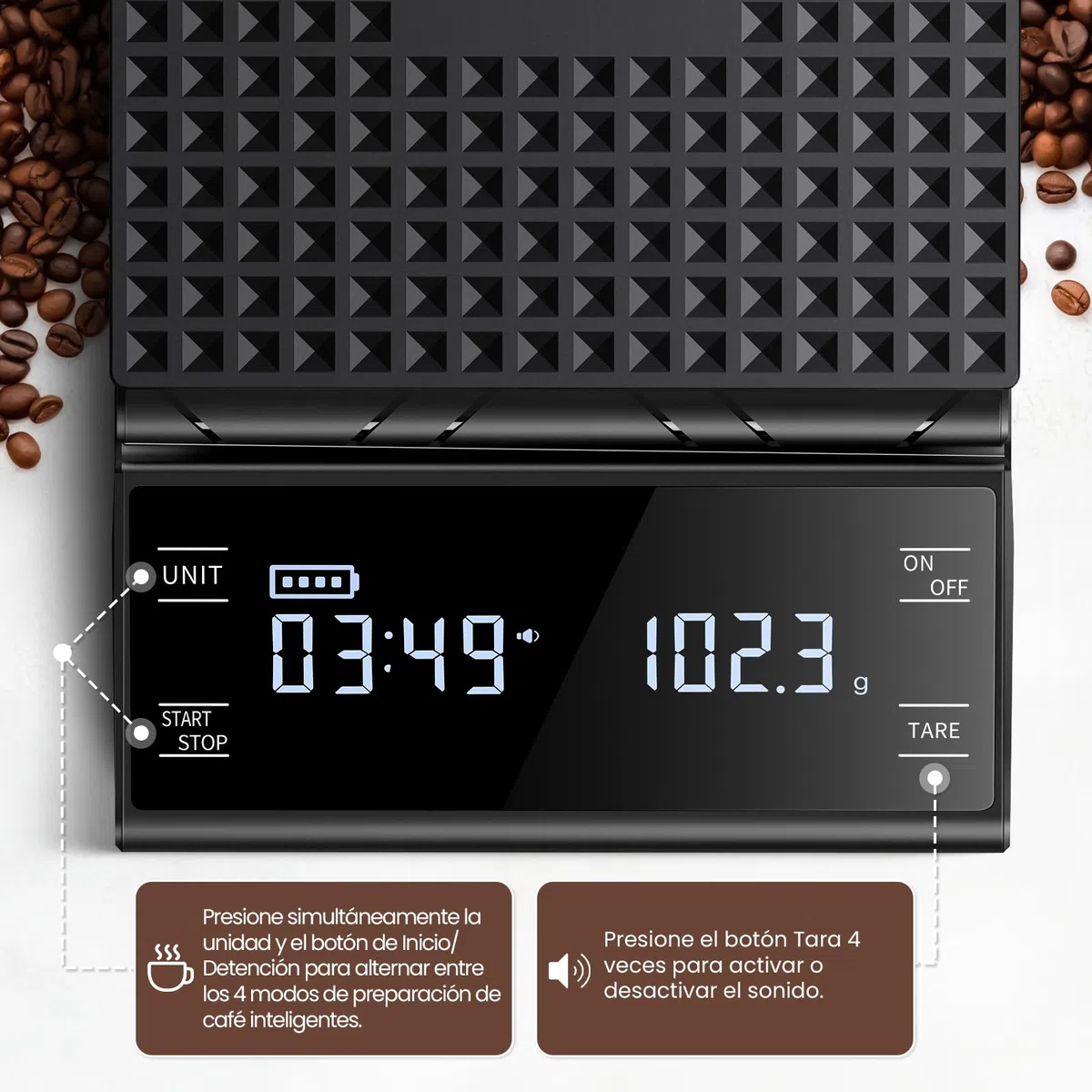 Báscula de Café Digital con Temporizador, Recargable Báscula de Espresso de Precisión 5 kg/0,1 g, con Pantalla LCD y Medición Automática Del Tiempo