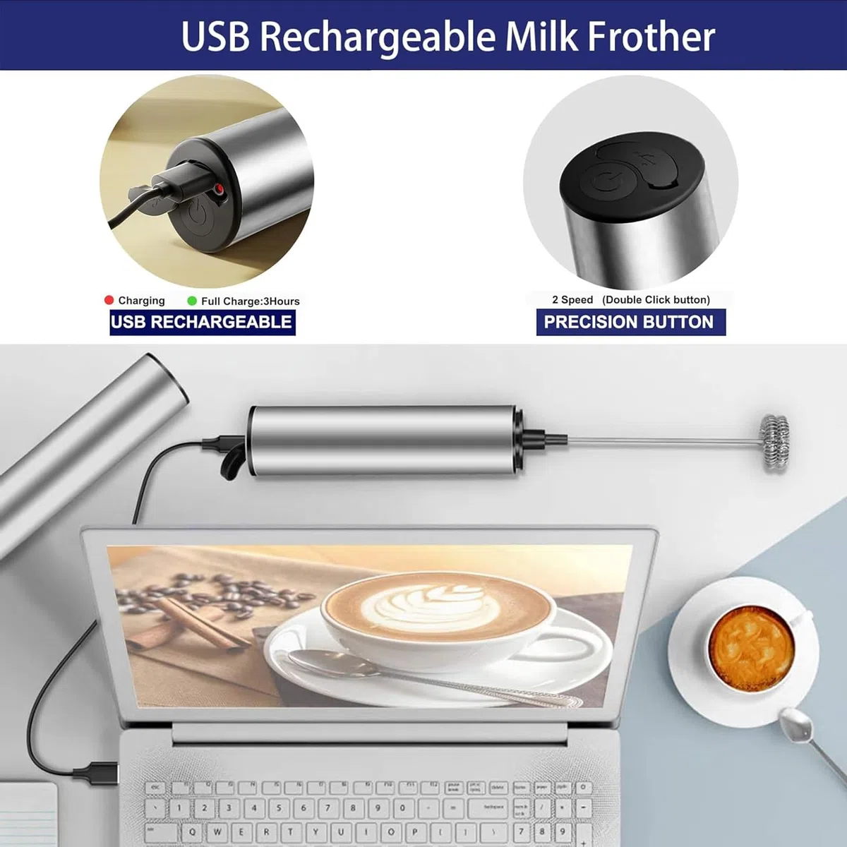 Espumador de leche eléctrico portátil，USB recargable, 2 velocidades, batidora de acero inoxidable 304, ideal para café, matcha, batidos, proteína, con varillas intercambiables y fácil limpieza