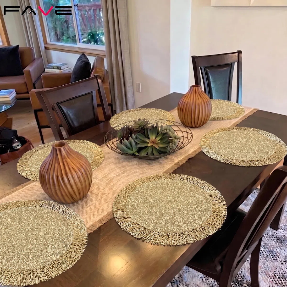 FAVE Juego de 6 manteles individuales redondos de vinilo dorados, lavables y ahuecados con borlas para decoración de mesa, uso diario, decoración de vacaciones (15 pulgadas, 6 piezas)