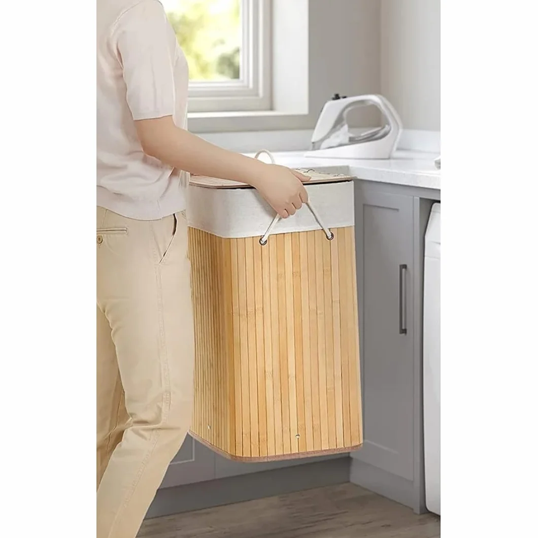 Cesto ropa sucia plegable de bambú Natural Rectangular 50x40x30cm