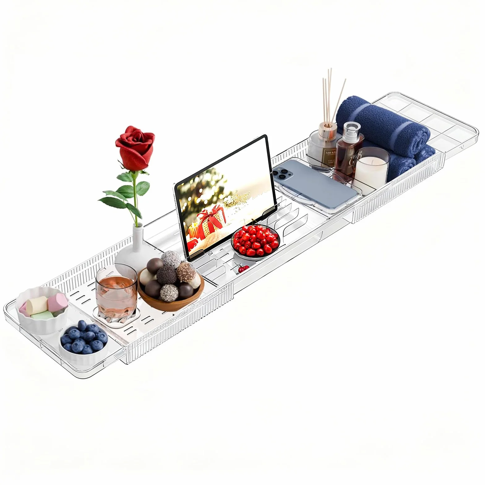 Bandeja para Bañera Acrílico, Bandeja Retráctil, Bandeja para Bañera para Copas de Vino, Libros, Tabletas, iPad y Teléfono, Accesorios de Baño Transparente