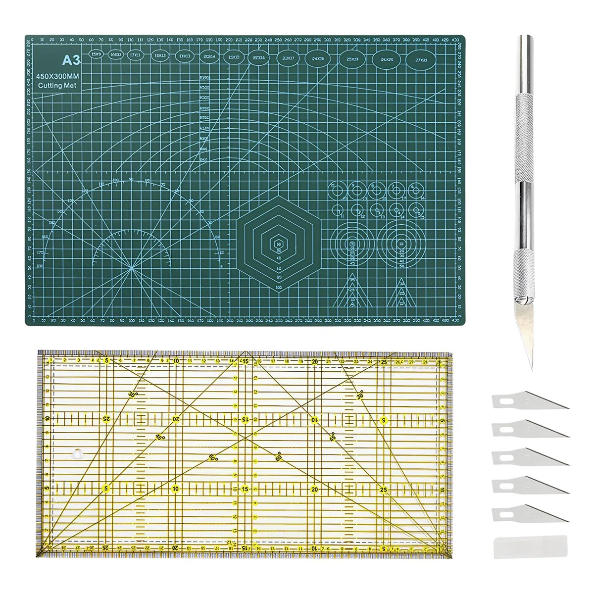 Juego de Alfombrillas de Corte A3, Alfombrilla de Dibujo Autorreparable con Regla de Acolchado y Cuter de Manualidades, Tapete de Corte con Reglas de Costura, Cutting Mat para Manualidades