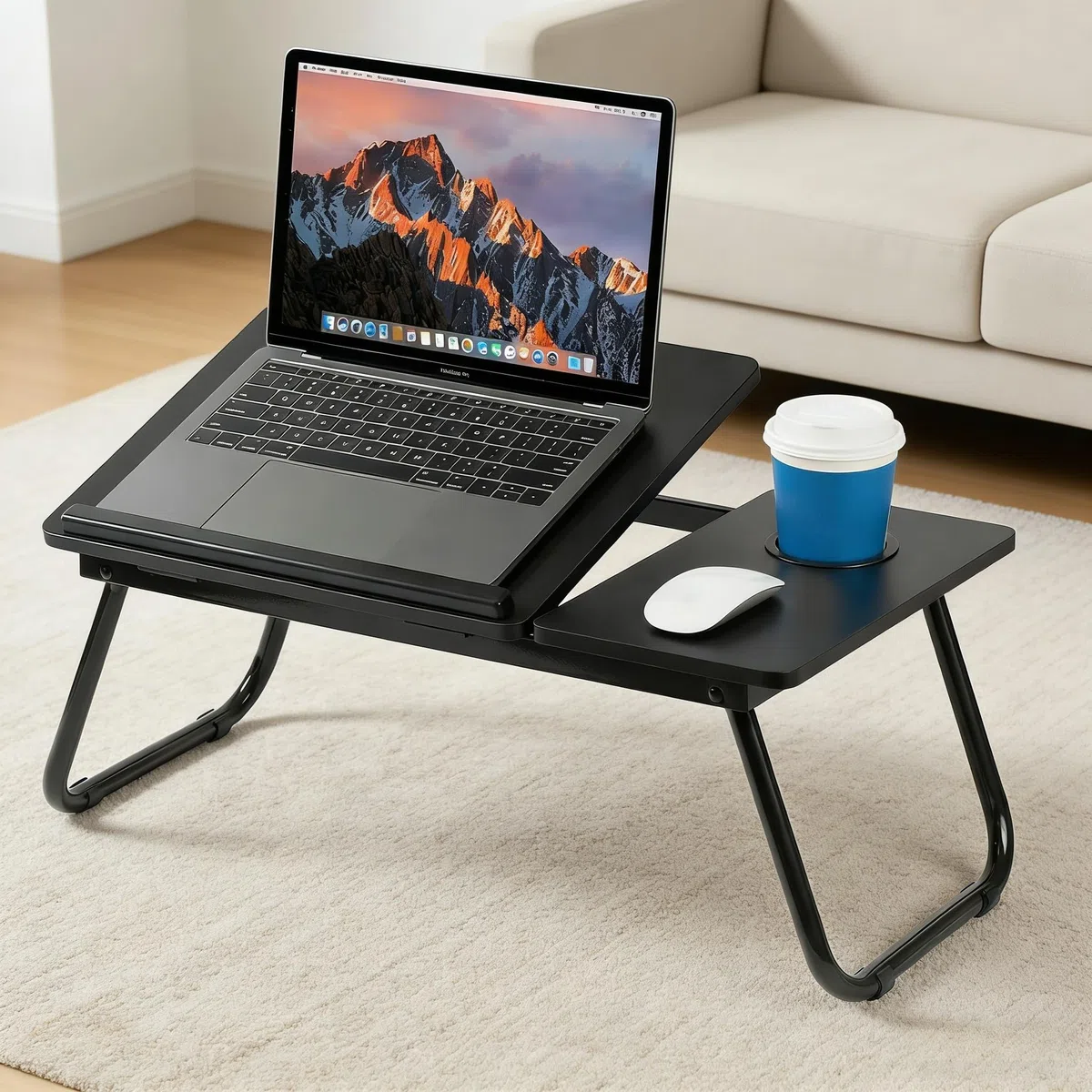 Mesa para Cama y Sofá - Plegable Bandeja para Cama con Tapa Ajustable y Portavasos, Mesa Cama Ordenador en Tablero MDF y Metal, 56x32x25 cm, Negro