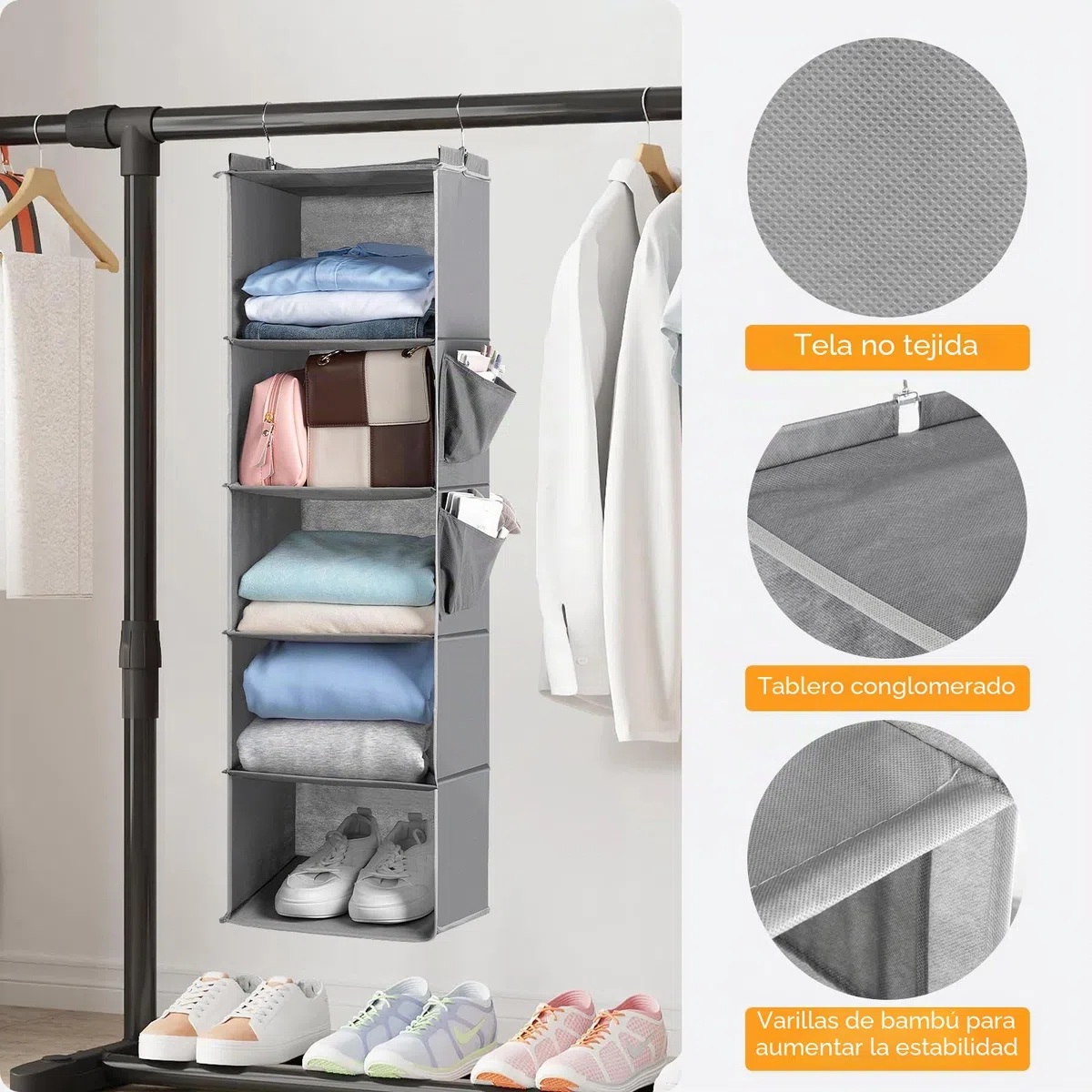 Cozary Organizador Armario Colgante 5 Compartimentos, Organizador taquilla Vestuario Plegable, Colgante con 2 Bolsillos Laterales - Gris