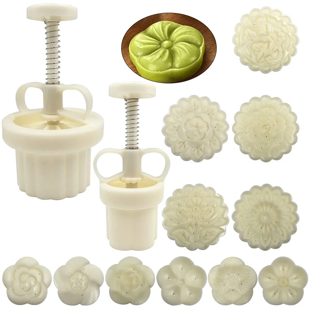 FineGood - Juego de 2 moldes de prensa de pastel de luna con 11 estafilos cortador de galletas de 50g, 100g, prensa de flores molde de pastel de luna herramientas para hornear