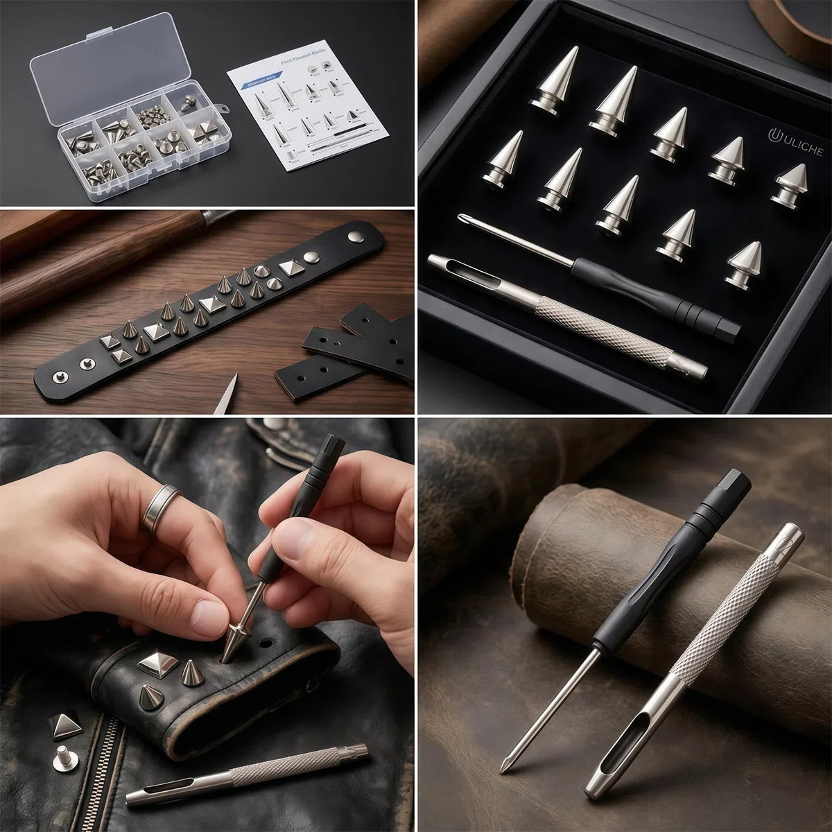 Spikes Nieten Studs 559 Piezas Set para Diseñadores Artesanos Fans del Punk Cosplayers para Chaquetas de Cuero Cinturones Bolsos Conciertos Festivales Accesorios DIY Plata