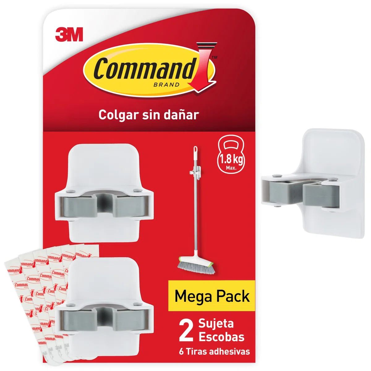 Command Soporte Escobas, 2 Ganchos y 6 Tiras Adhesivas - Para Colgar Escobas, Cepillos y Fregonas Sin Agujerear o Dañar la Pared