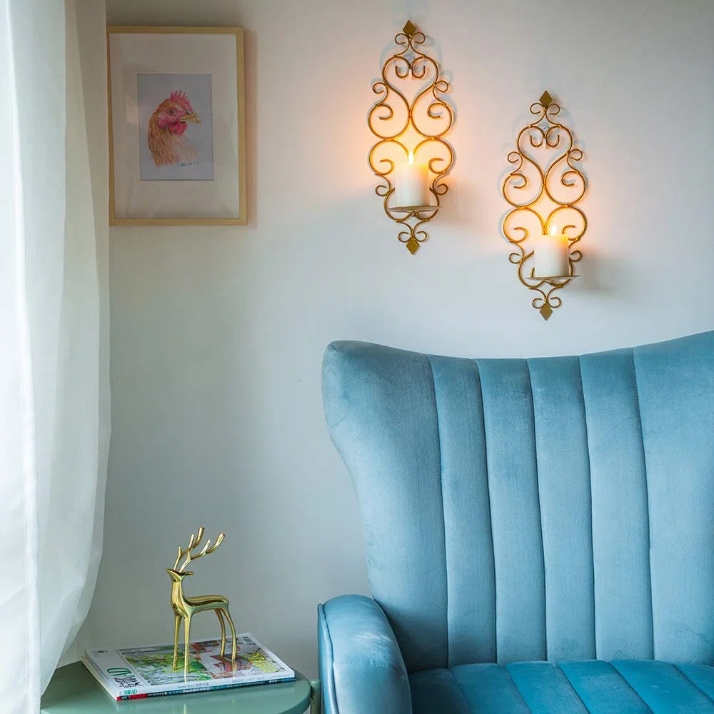 Sziqiqi Candelabro de Pared del Estilo Retro, Candelero Colgante de Arte de Hierro para Decoración de Casa, Montado en la Pared Sostenedor de Vela, Oro