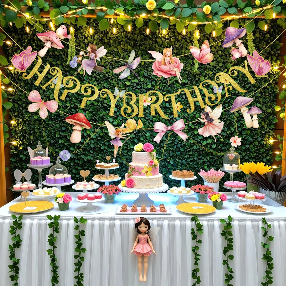 SUNBEAUTY Happy Birthday Girlande Rosa Hadas Cumpleaños Decoración Flores Guirnalda Mariposas Decoración para Cumpleaños Infantiles Jardín Fiesta Decoración Primavera Verano Decoración Interior
