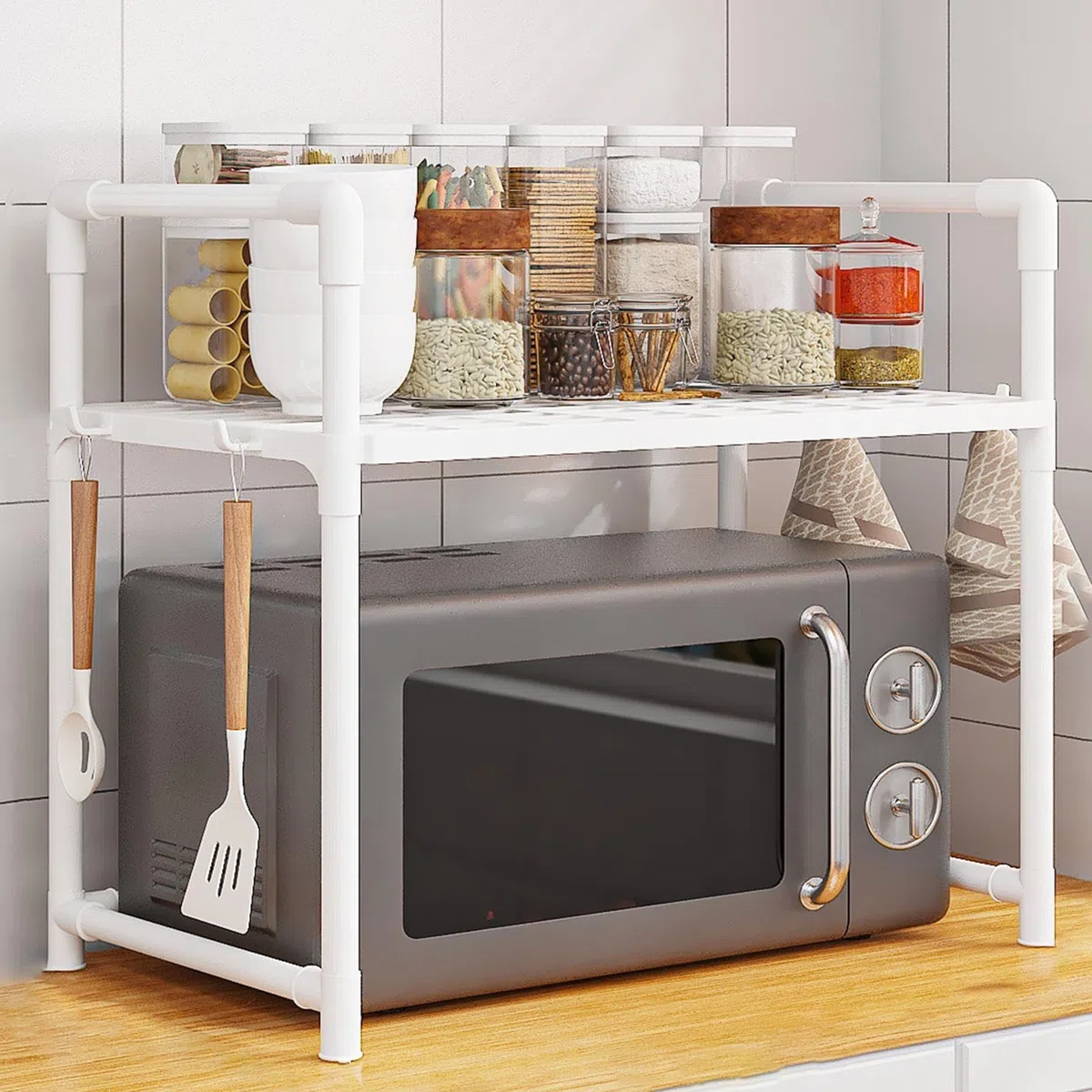 2/3 Niveles Organizador Microondas Metal, Ajustable Estante De Almacenamiento Cocina Microondas, Soporte Para Microondass Y Horno Cocina Con 4/8 Ganchos, Organizador Para Encimeras De Cocinas