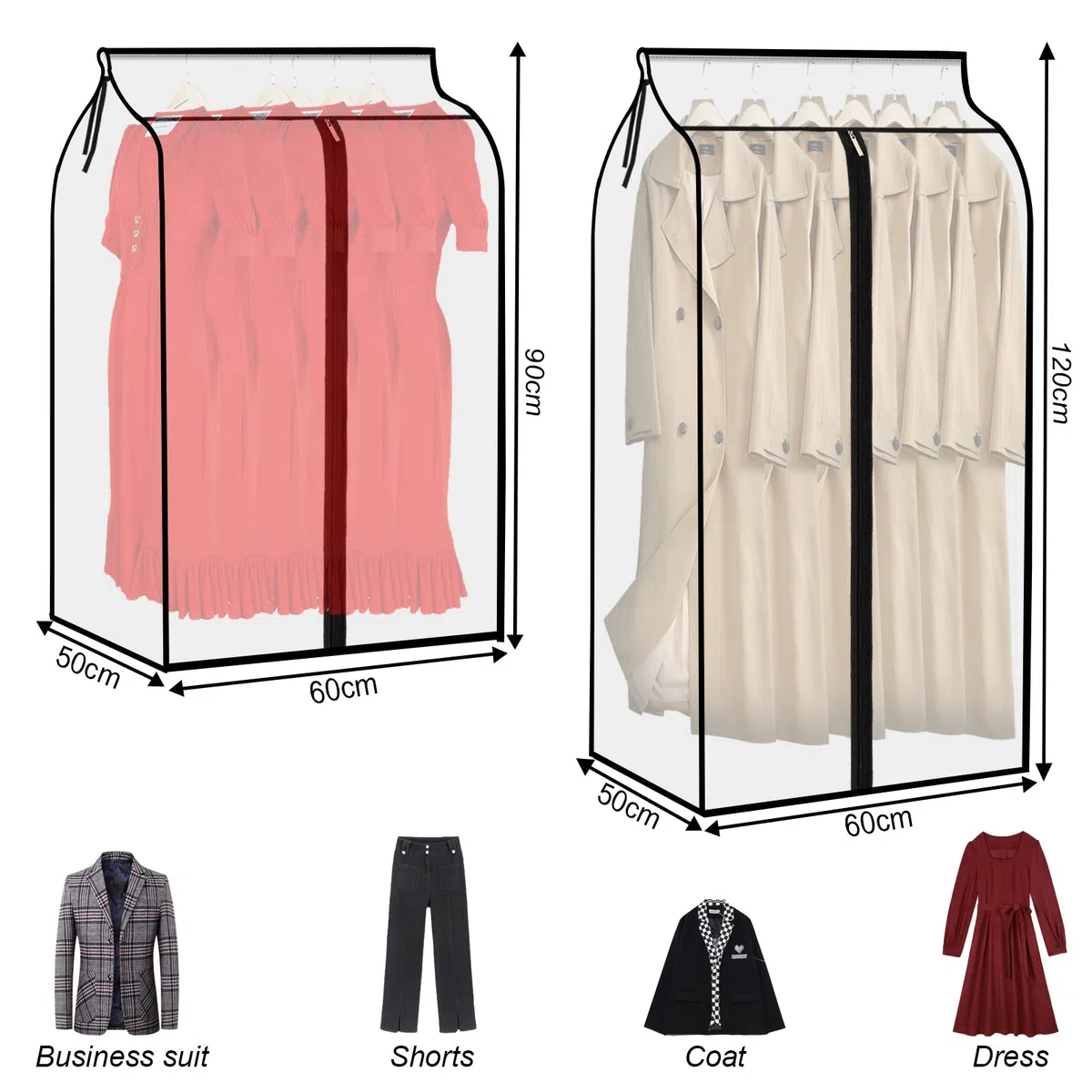 2Piezas Fundas de Ropa, 60x90cm, 60x120cm Bolsa de Traje Transparente Bolsas de Ropa, Funda Perchero Burro Repelente al Agua Protege del Antihumedad Cubierta de Polvo de Ropa para Trajes Abrigos