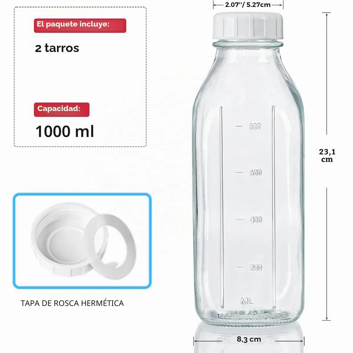 2 PCS 1L Botellas de vidrio con Tapas, Botellas Cristal Reutilizable, Botella Vidrio Transparente, botellas de zumo, para Oats, Cereales, Yogur, Pudín, Aceite, Leche, Zumo y Limonada