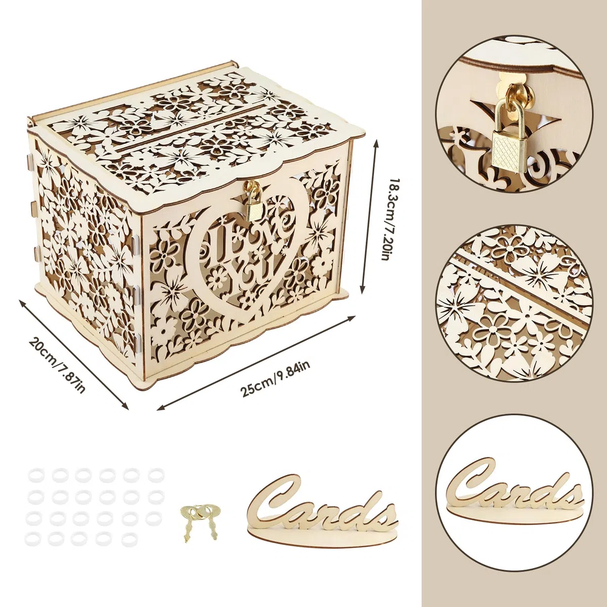 Caja de Tarjetas de Boda, Caja de Sobres Hueca de Boda con Ranura y Cerradura, Caja de Tarjetas de Regalo de Madera para Recepción, Boda, Aniversario,Cumpleaños, Decoraciones de Fiesta de Graduación