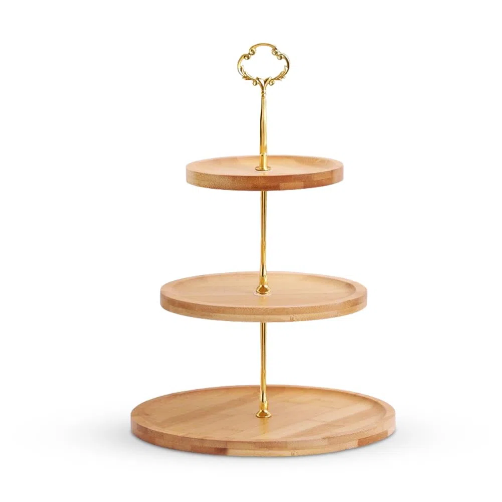 Soporte Para Tartas de Madera, 3 Niveles, Soporte Tarta, Soporte Redondo para Postres, Frutas y Tartas, con Mango de Metal, para Fiestas de Cumpleaños, Bodas, Té de la Tarde