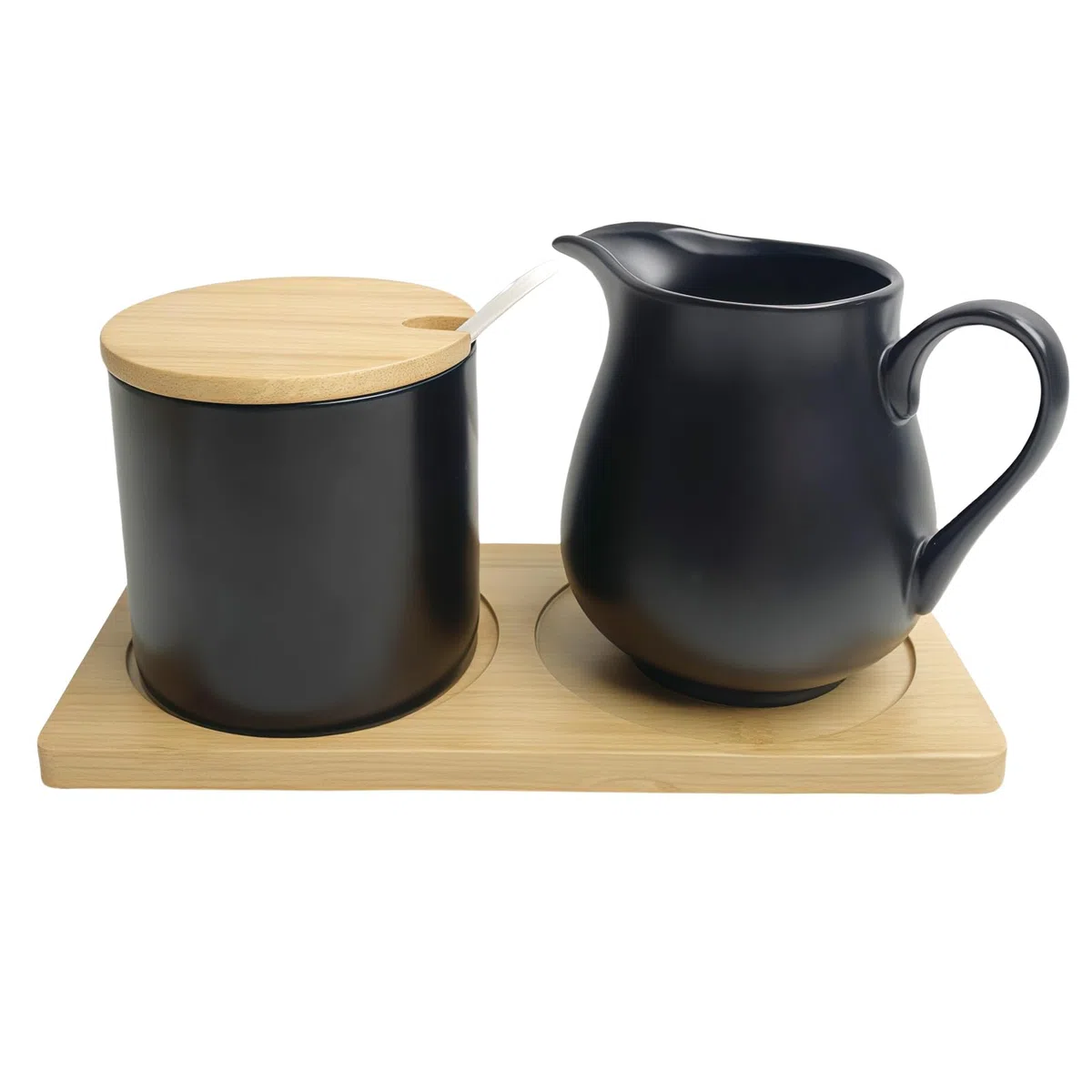 Juego de 2 piezas de leche y azúcar con tapa y cuchara: cerámica, negro mate, cuenco elevado, juego de servir de cerámica, apto para microondas y lavavajillas, para cocina y bar de café