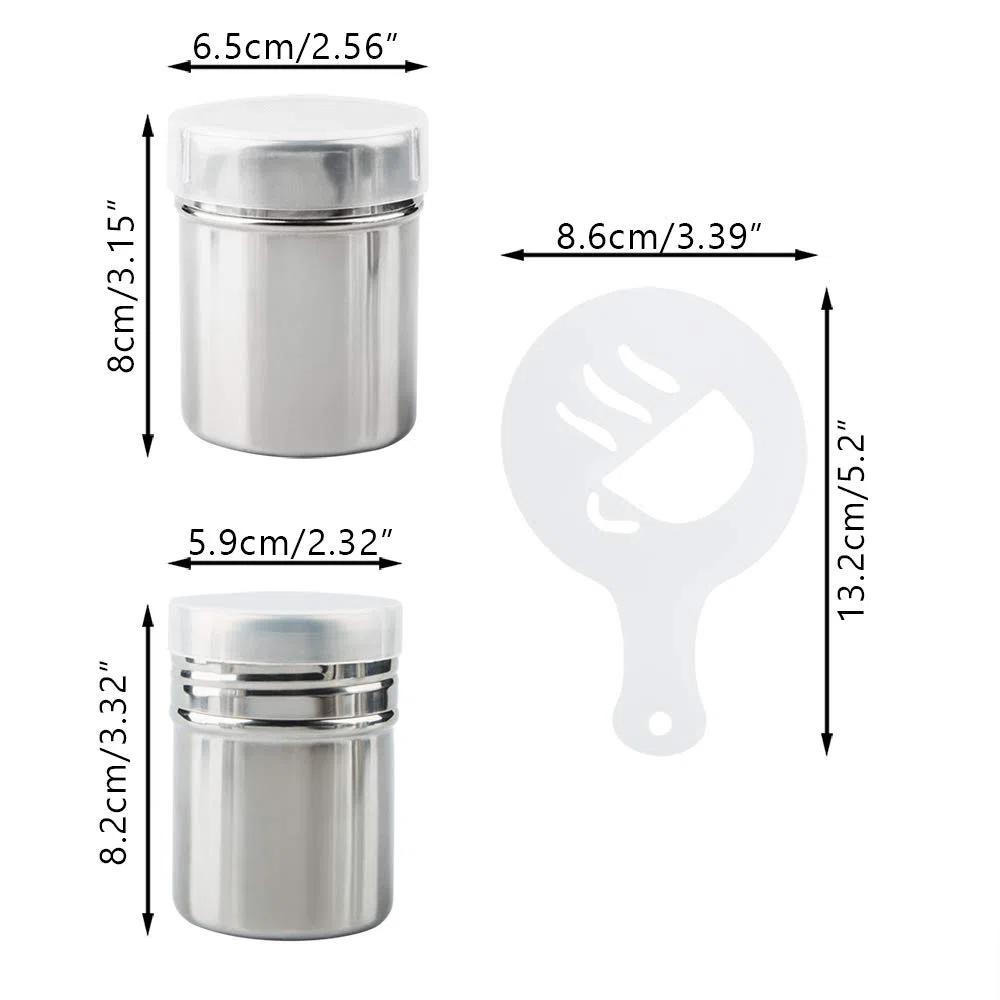 3 paquetes Acero inoxidable Sacudidor de polvo con 16 piezas Plantillas de moldes de impresión, Latas de polvo con malla para el café Capuchino Latté
