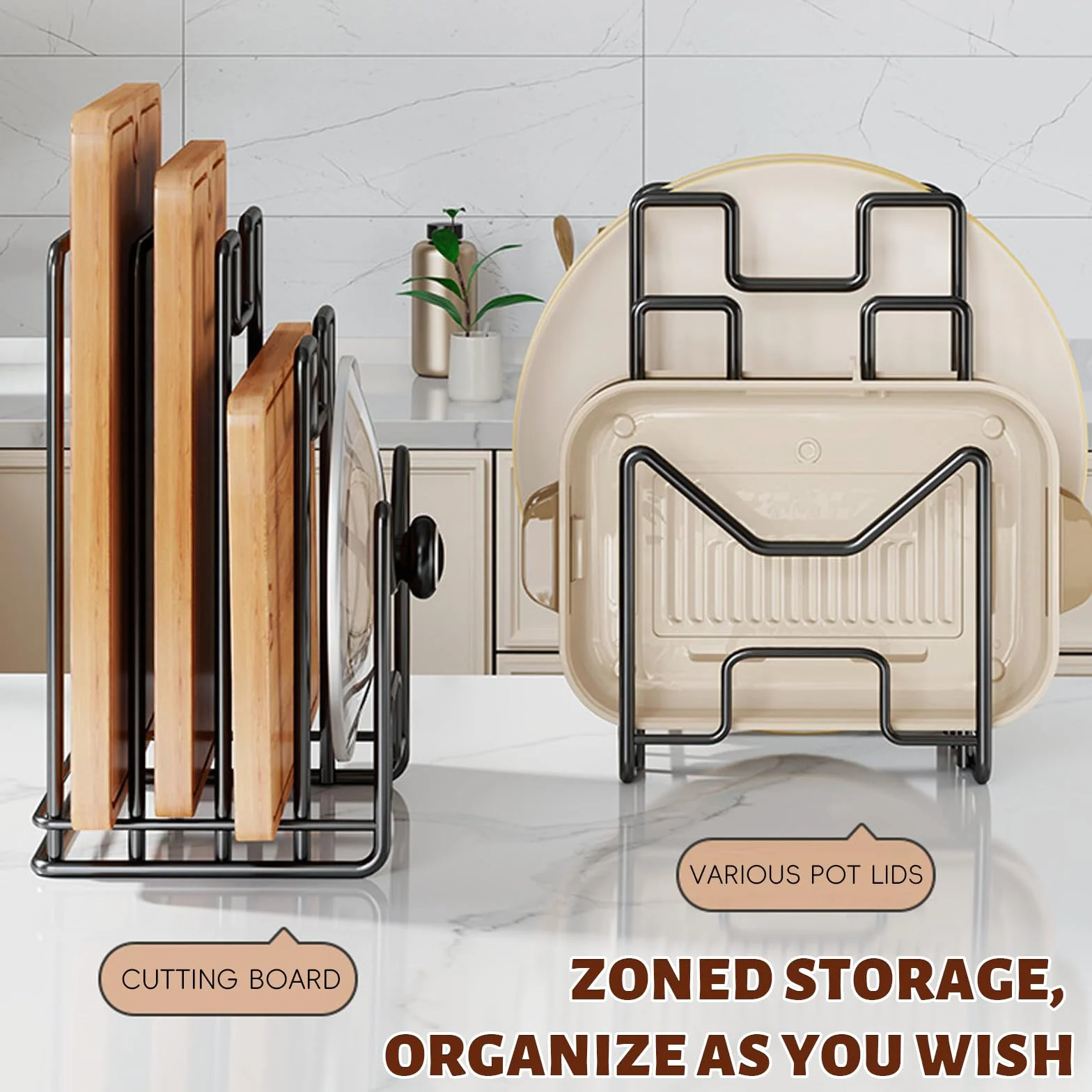 Soporte Bandejas Cocina Soporte Tabla Cocina De Metal, Organizador De Tabla De Cortar con 4 Compartimentos para tapas De Ollas, Espátulas, Platos, Bandejas para Hornear