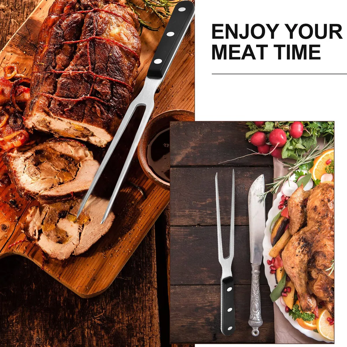 2 Pieza Tenedor de Carne con Mango, 29cm Tenedores de Acero Inoxidable, Tenedor de Carne con Mango de Plástico para Lavavajillas, Reutilizable, para Asar Pavo y Cenas (Negro)
