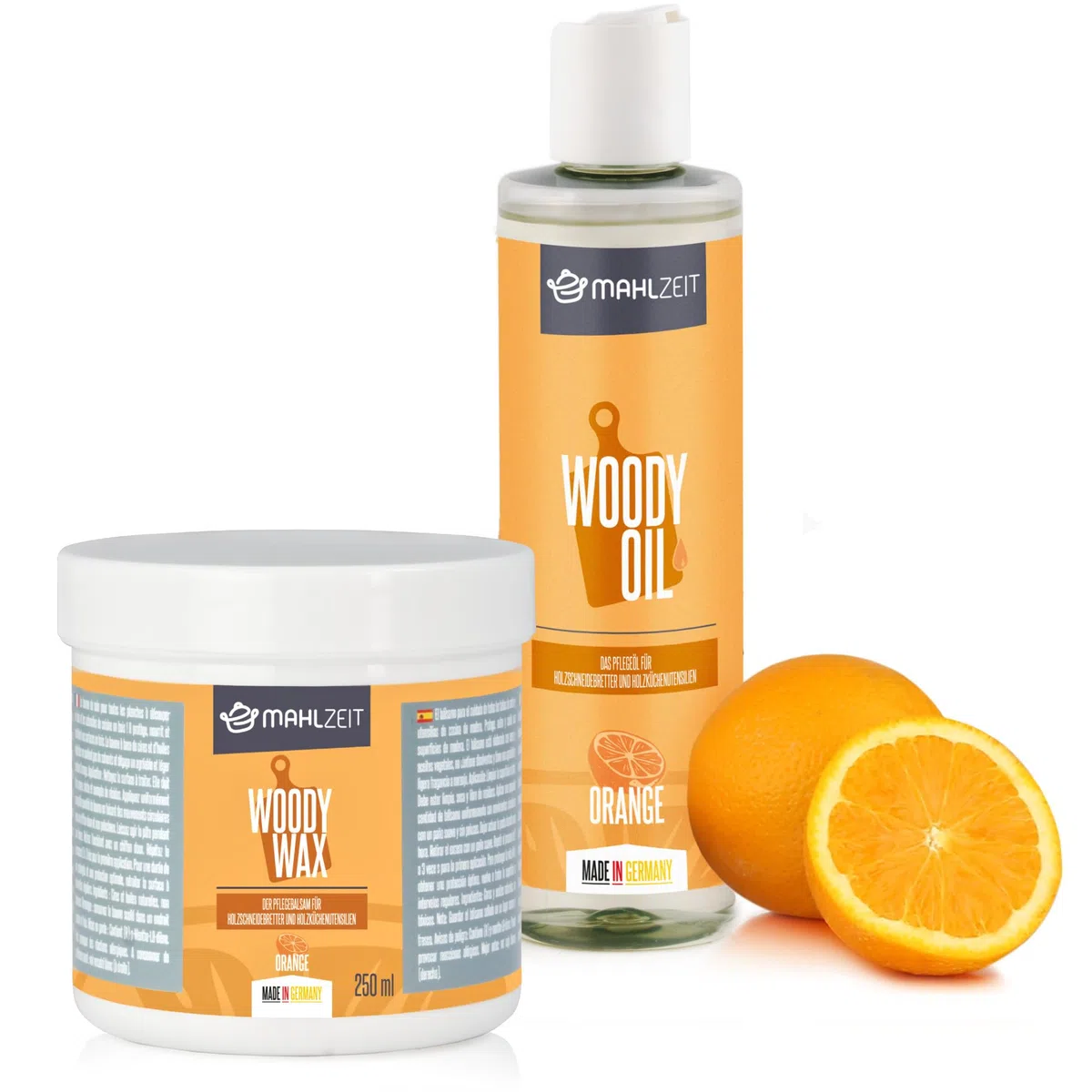 Mahlzeit WOODY WAX - Juego de cuidado de madera de cera de abejas + aceite de madera para tablas de cortar y utensilios de cocina de madera, 2 x 250 ml, aroma a naranja, 100% natural, tablas de cortar