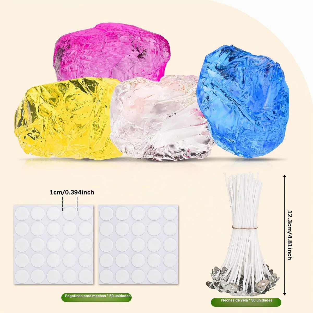 Blingfun Kit Completo para Hacer Velas de Gel - 4 Pastillas de Cera de Gel，50 Mechas，50 Pegatinas - Suministros para Velas Aromáticas Artesanales - Incluye Cera Jelly Transparente para Decoración