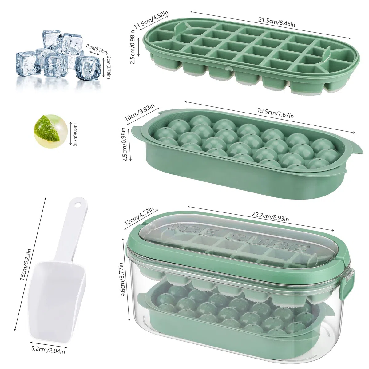 Cubiteras para Hielo de Silicona con tapa y recipiente, Moldes redondos y cuadrados de 54 piezas + pala - Perfectos para Bebidas y Congelador