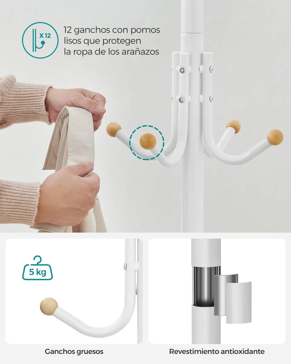 SONGMICS Perchero de Pie, Perchero de Metal con 12 Ganchos, 4 Patas, para Colgar Abrigos, Sombreros y Bolsos, para Entrada, Dormitorio, Oficina, Blanco RCR031W01