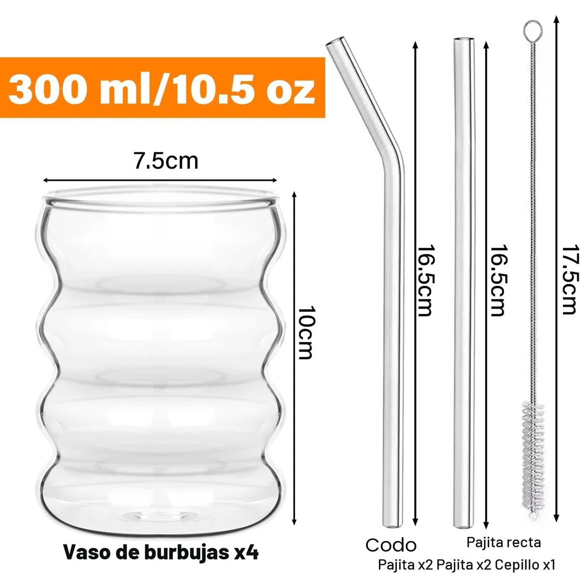 Withosent 300ml Vasos de Cristal Agua con Pajita, 4pcs Vasos de Cristal Ondulados Estilo Vintage, Juego de Vasos Agua para Café, Yogur, Soda, Cocktail, Cerveza, Batidos, Whisky
