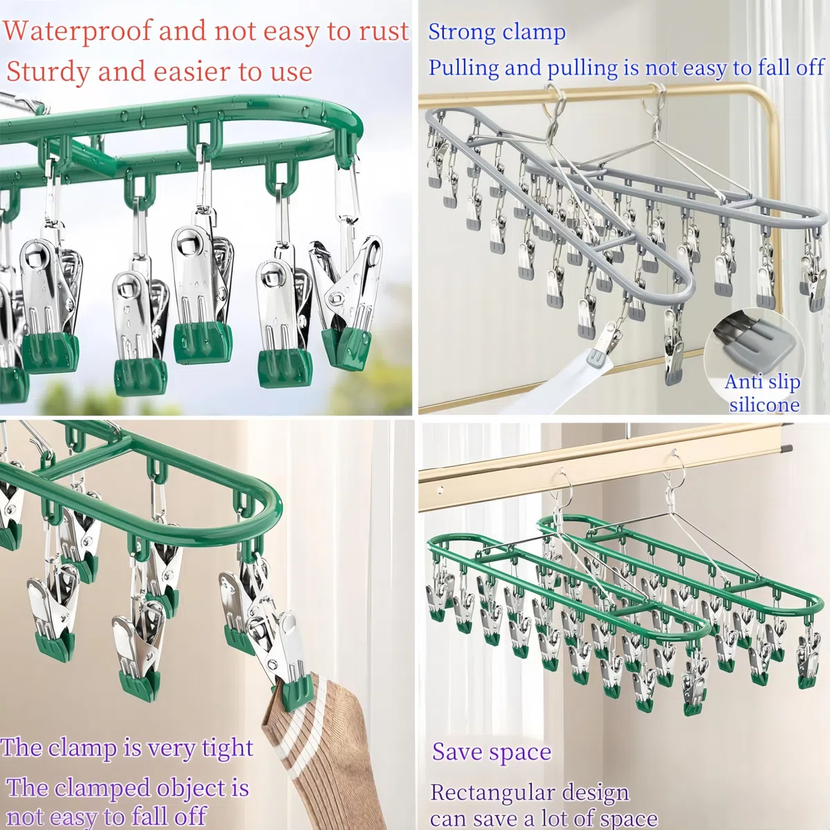 Tendedero de acero inoxidable verde para ropa y calcetines con 20 pinzas para secar ropa y ropa interior infantil